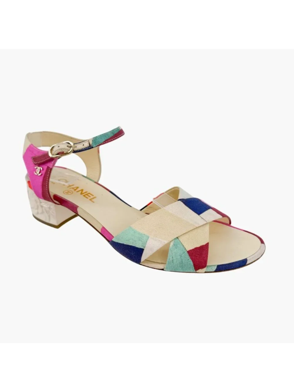 Chanel CC Patchwork Canvas Flower Block Heel Sandals Size 40 US 9-9.5 Multicolor